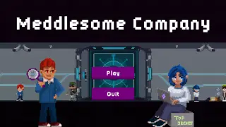 A computer game start screen, with the title and buttons in the middle, and two characters