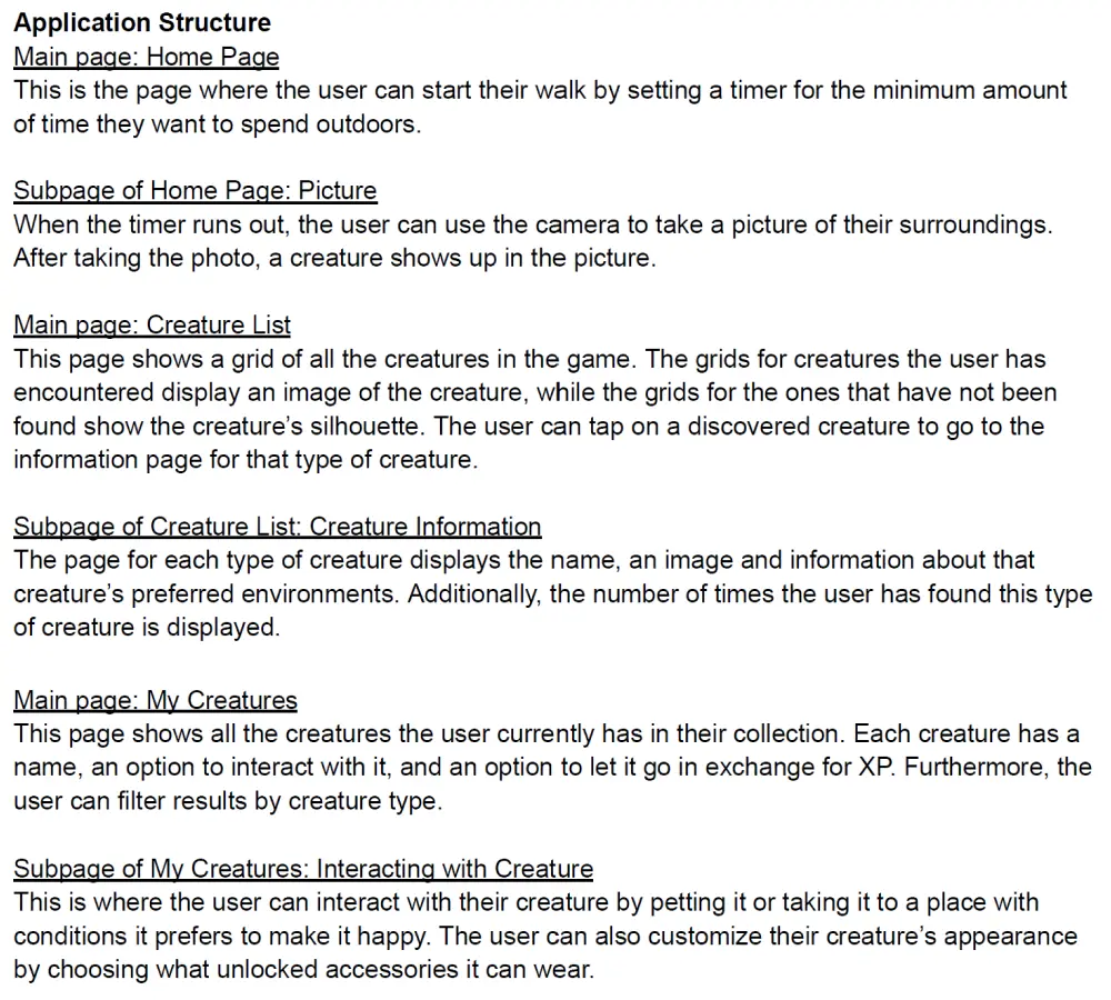 A screenshot of a document describing the app's main and sub pages