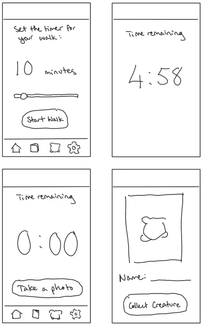 Four sketches of UI layouts for setting a timer and collecting a creature