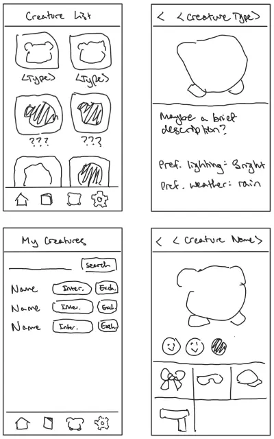 Four sketches of UI layouts for the app's creature pages